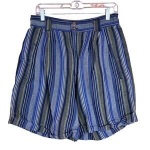 Rev Up Womens Shorts Blue Green Striped Paperbag High Waisted Stretch 13/14
